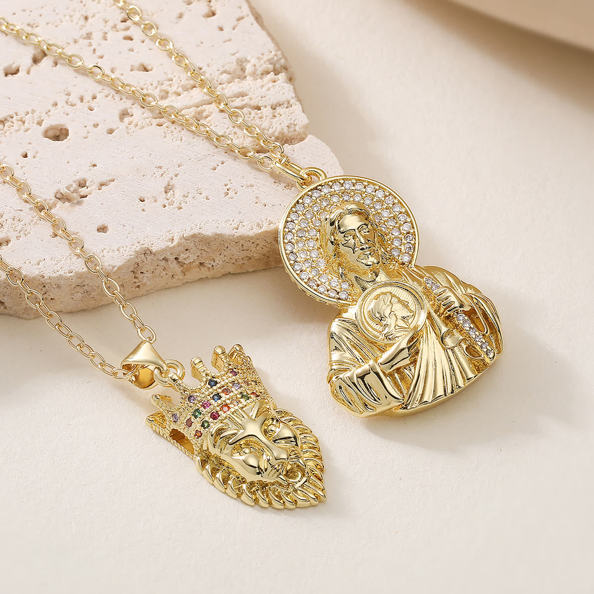 Golden St. Jude & Lion of Judah Pendant Necklace: Emblem of Divine Protection and Royal Faith