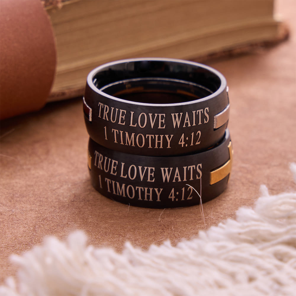 Detachable Inlaid Cross Band Engraved True Love Waits Verse: Emblem of Pure Heavenly Chastity