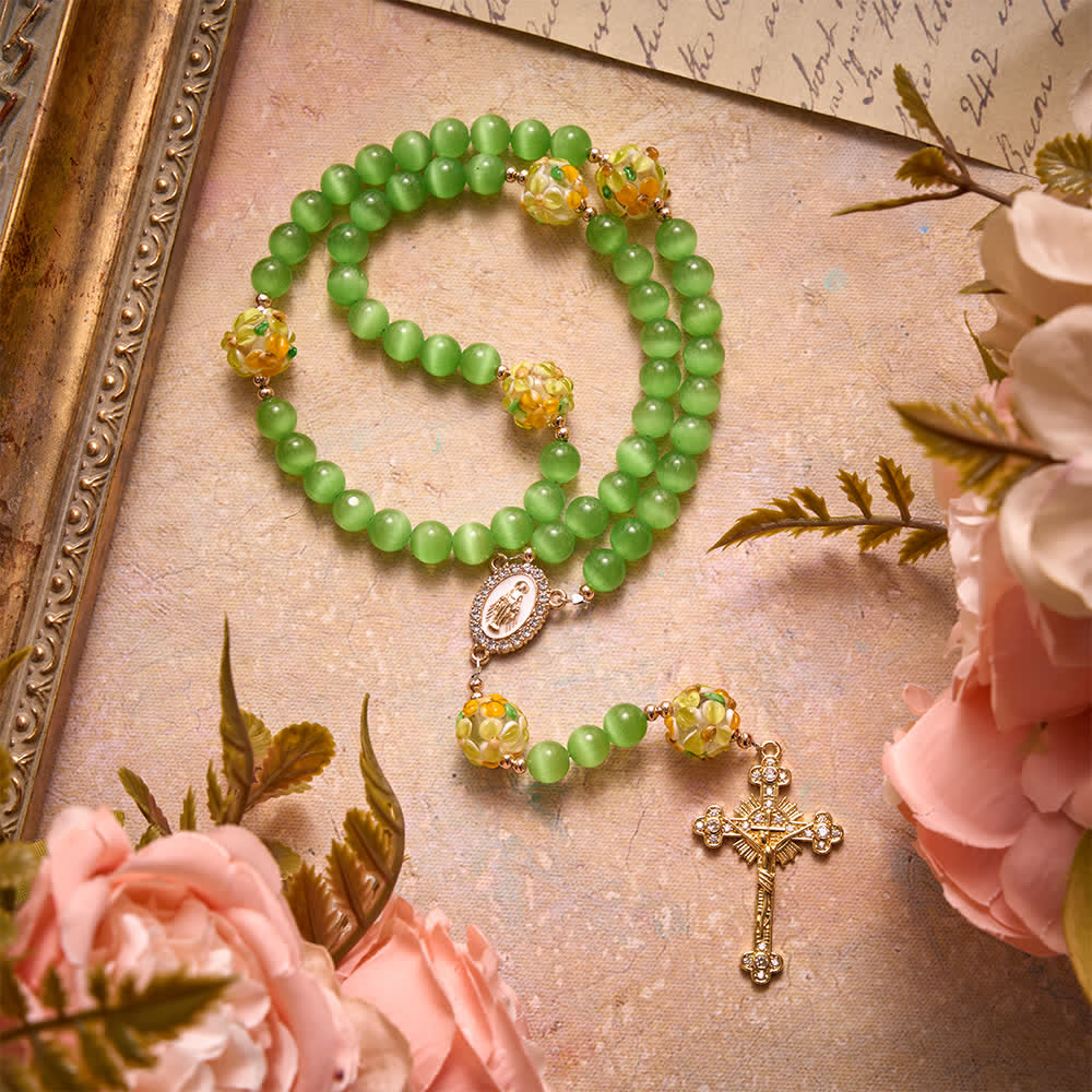 Green Cat's Eye Stone Rosary With Floral Lampwork Glass Beads: Emblem of Vibrant Heavenly Blessings