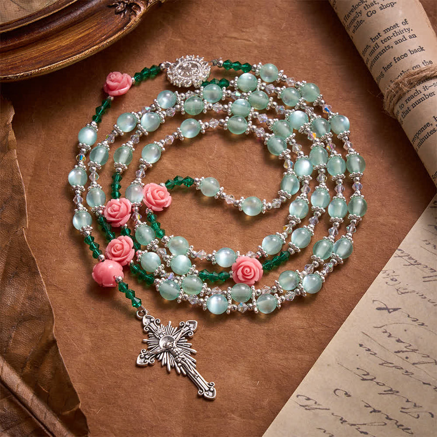 Mint Cat Eye Rosary With Sculpted Rose Beads & Vintage Cross: Emblem of Blossoming Heavenly Grace