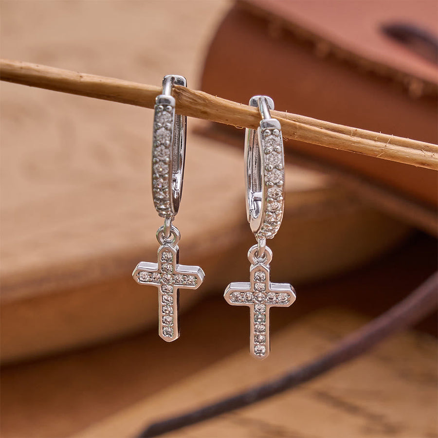 Sparkling Pavé Huggie Hoop Cross Drop Earrings: Emblem of Soft Heavenly Shelter