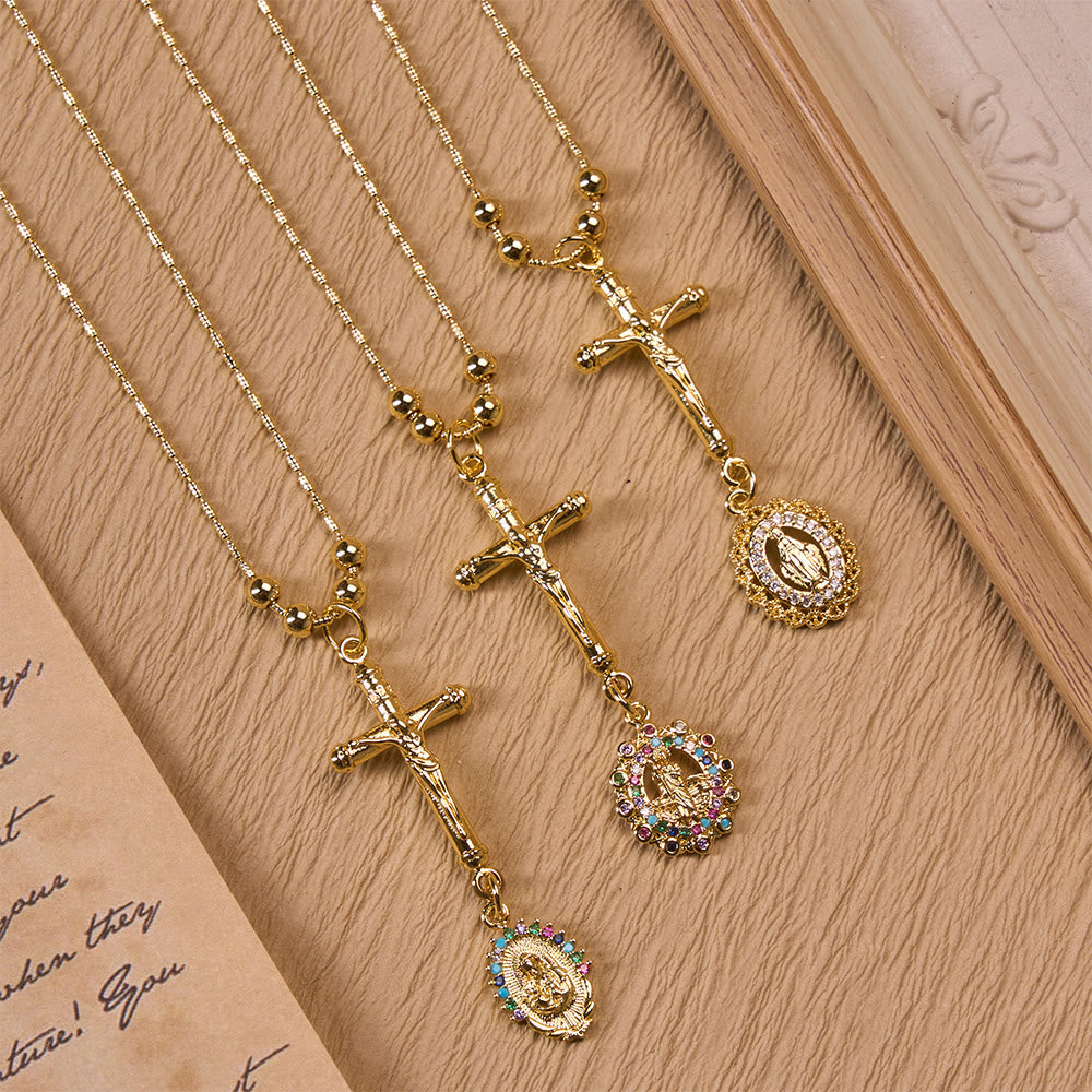 Carved Crucifix & Jeweled Holy Medallion Necklace: Emblem of Tender Heavenly Intercession