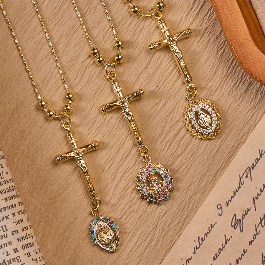 Carved Crucifix & Jeweled Holy Medallion Necklace: Emblem of Tender Heavenly Intercession