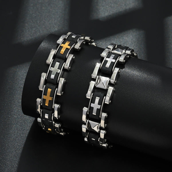 Rugged Biker Style Cross Inlaid Wrist Bracelet: Emblem of Unwavering Inner Serenity