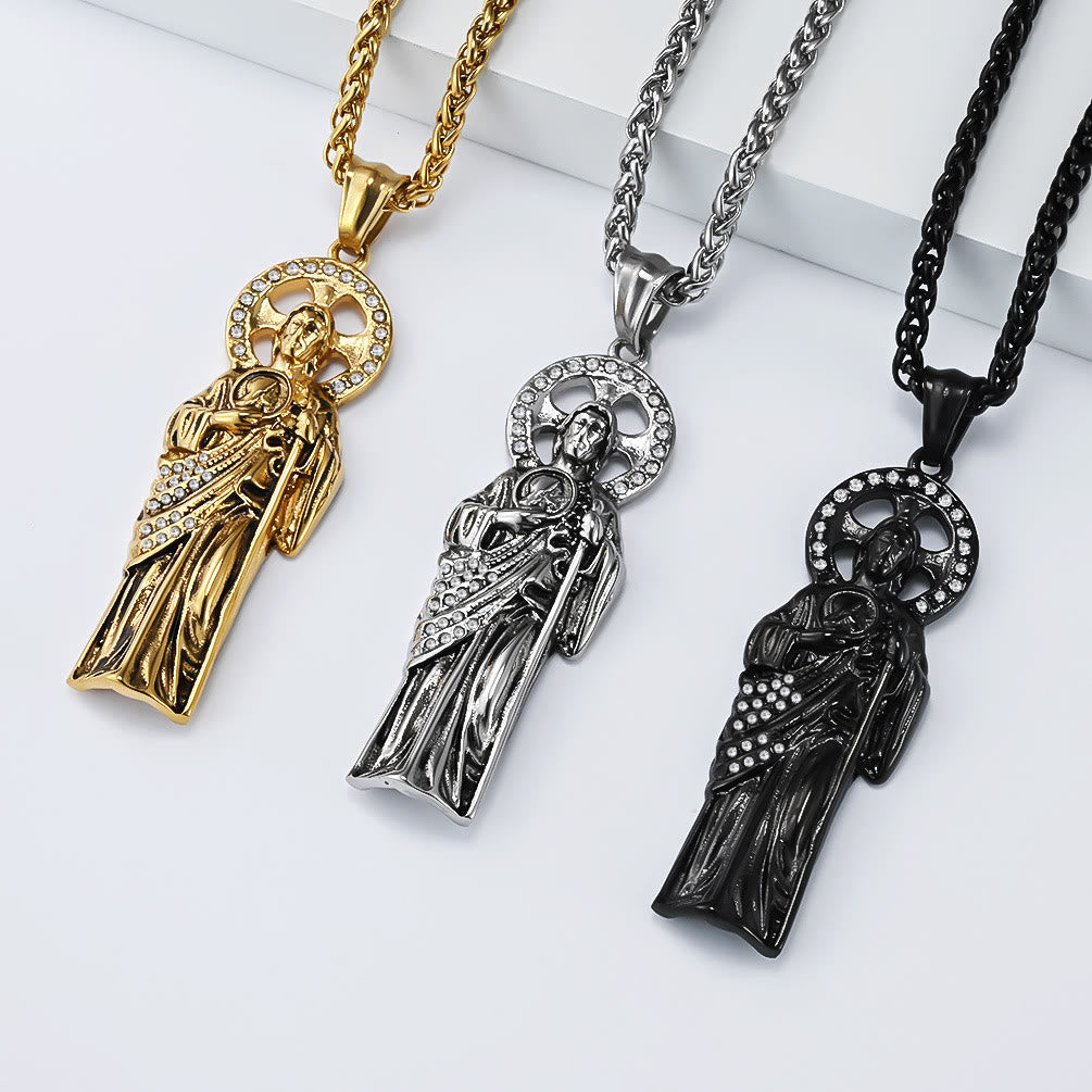 Rhinestone Halo Saint Jude Thaddeus Cuban Pendant Necklace: Emblem of Desperate Fortune Salvation