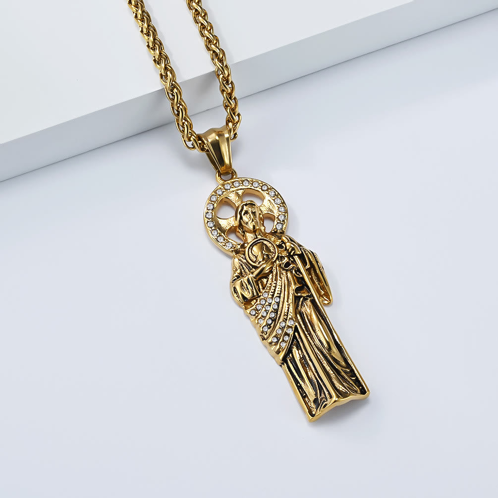 Rhinestone Halo Saint Jude Thaddeus Cuban Pendant Necklace: Emblem of Desperate Fortune Salvation
