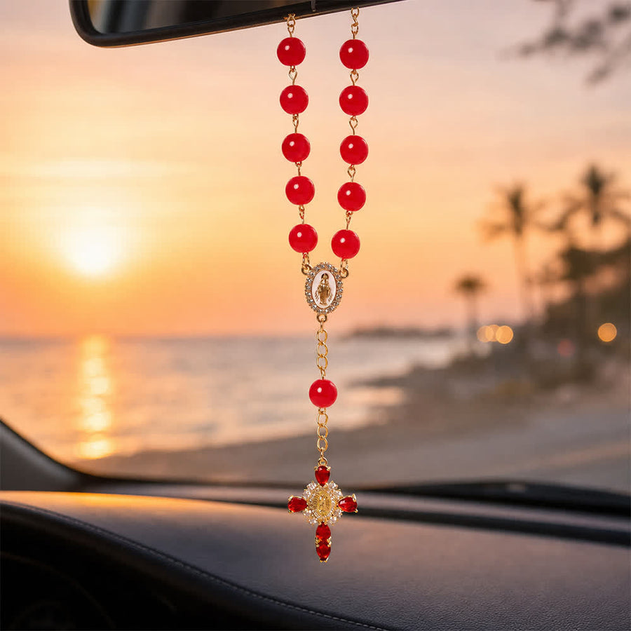 Multi-Color Stained Glass Pocket Car Rosary With Jeweled Our Lady of Guadalupe Cross