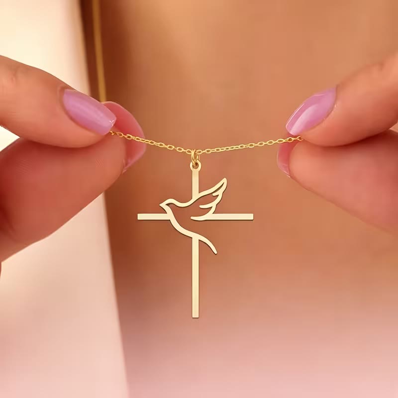 Minimal Outline Dove Cross Pendant Necklace: Emblem of Pure Heavenly Peace