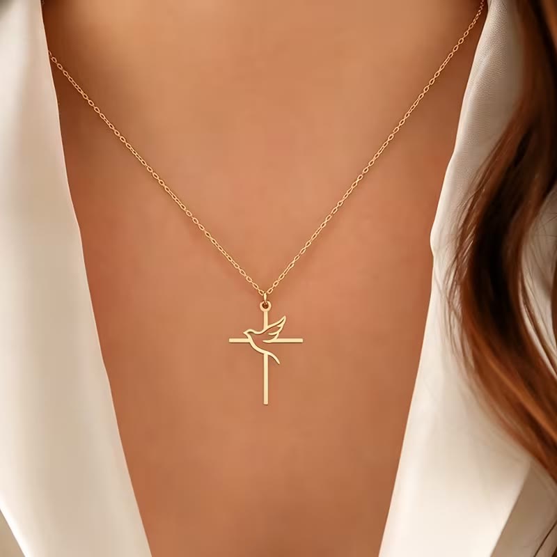 Minimal Outline Dove Cross Pendant Necklace: Emblem of Pure Heavenly Peace