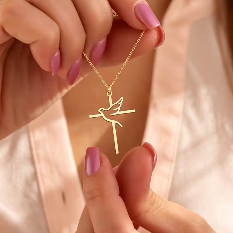 Minimal Outline Dove Cross Pendant Necklace: Emblem of Pure Heavenly Peace