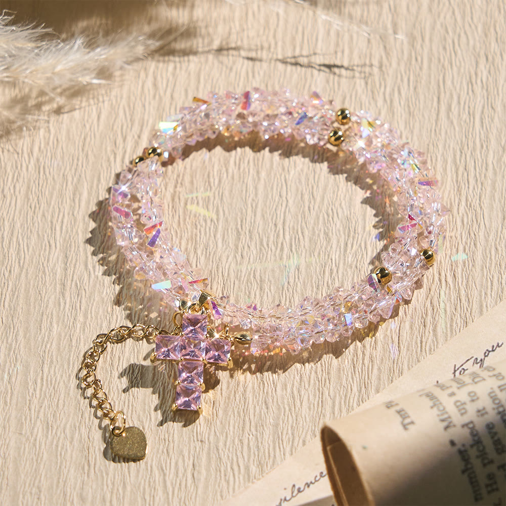 Faceted Crystal Bead Cross Charm Bracelet: Emblem of Sparkling Heavenly Blessing