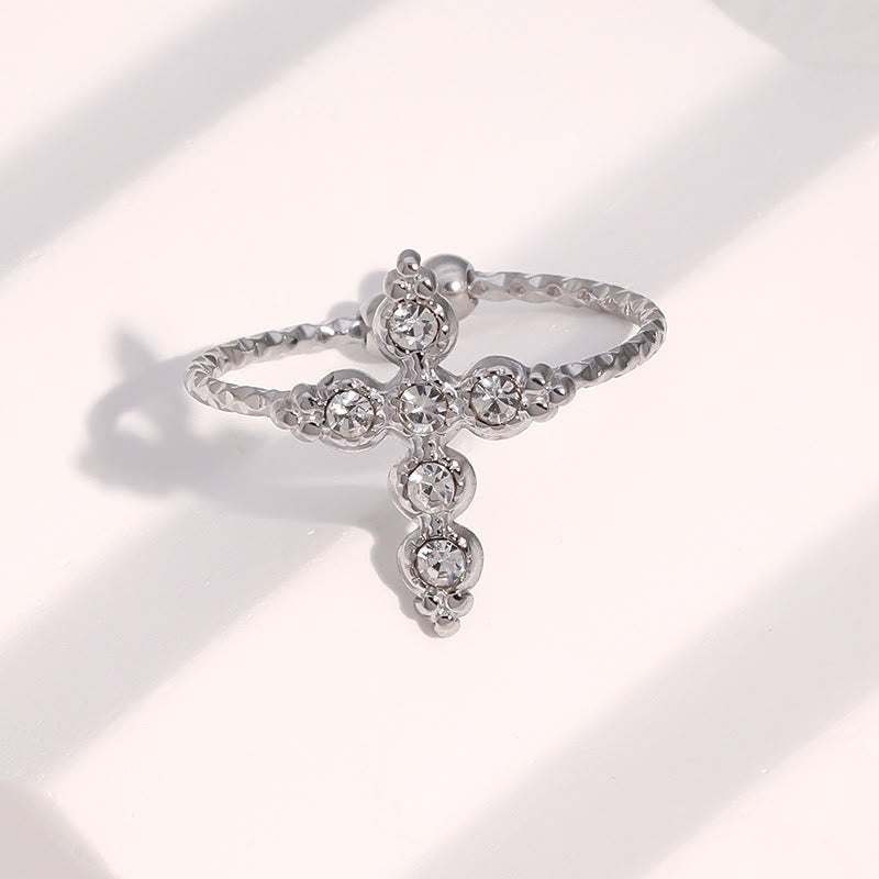 Twisted Band Adjustable Cross Stone Ring: Emblem of Radiant Heavenly Blessing