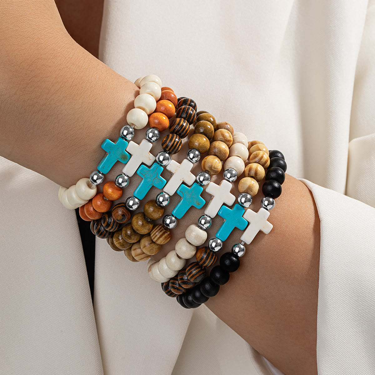 Natural Wooden Bead Cross Stretch Bracelet: Emblem of Stable Heavenly Shelter