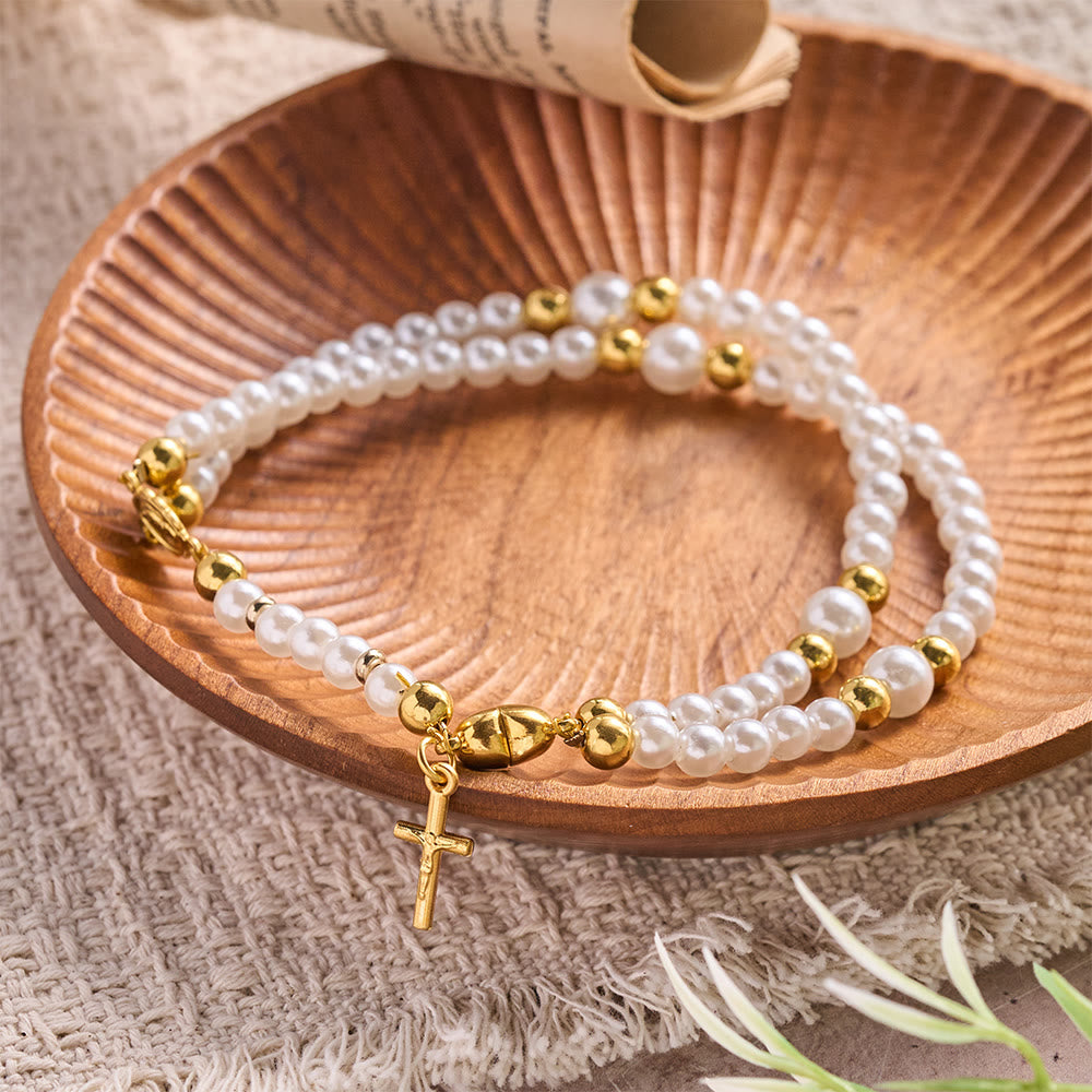 Round Bead Wrap Bracelet With Cross & Holy Medal: Emblem of Pure Heavenly Mercy