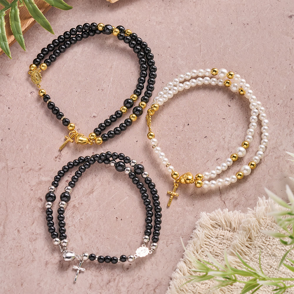 Round Bead Wrap Bracelet With Cross & Holy Medal: Emblem of Pure Heavenly Mercy