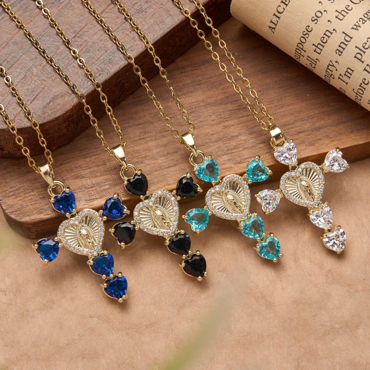 Heart Gem Virgin Mary Cross Pendant Necklace: Emblem of Tender Heavenly Blessing