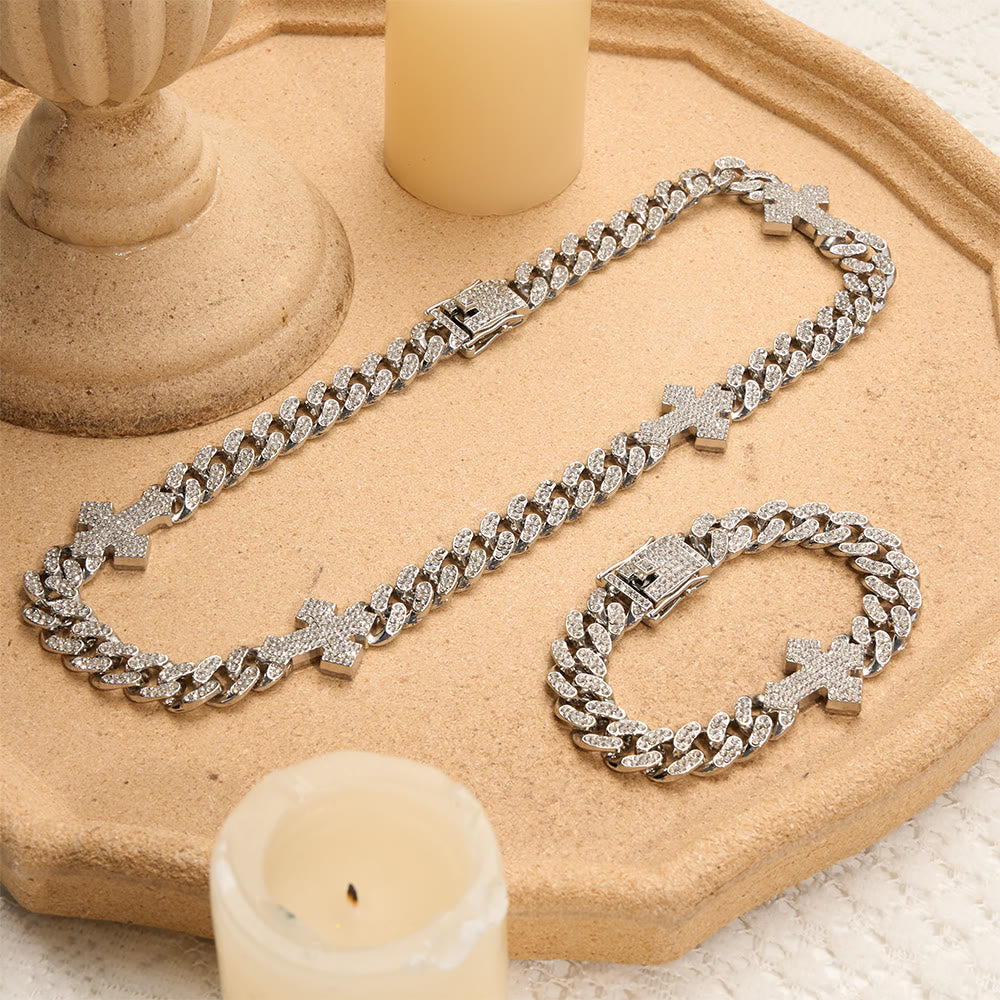 Iced Out Cuban Link Cross Bracelet & Necklace: Emblem of Bold Heavenly Fortitude