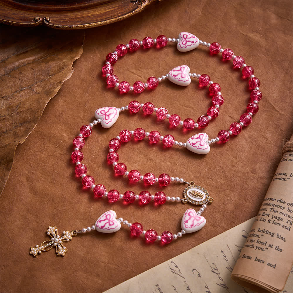 Pink Crackle Glass Rosary With Ceramic Heart Bow Beads & Our Lady Medal