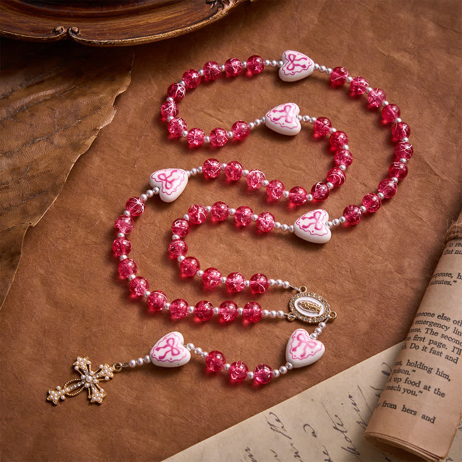 Pink Crackle Glass Rosary With Ceramic Heart Bow Beads & Our Lady Medal