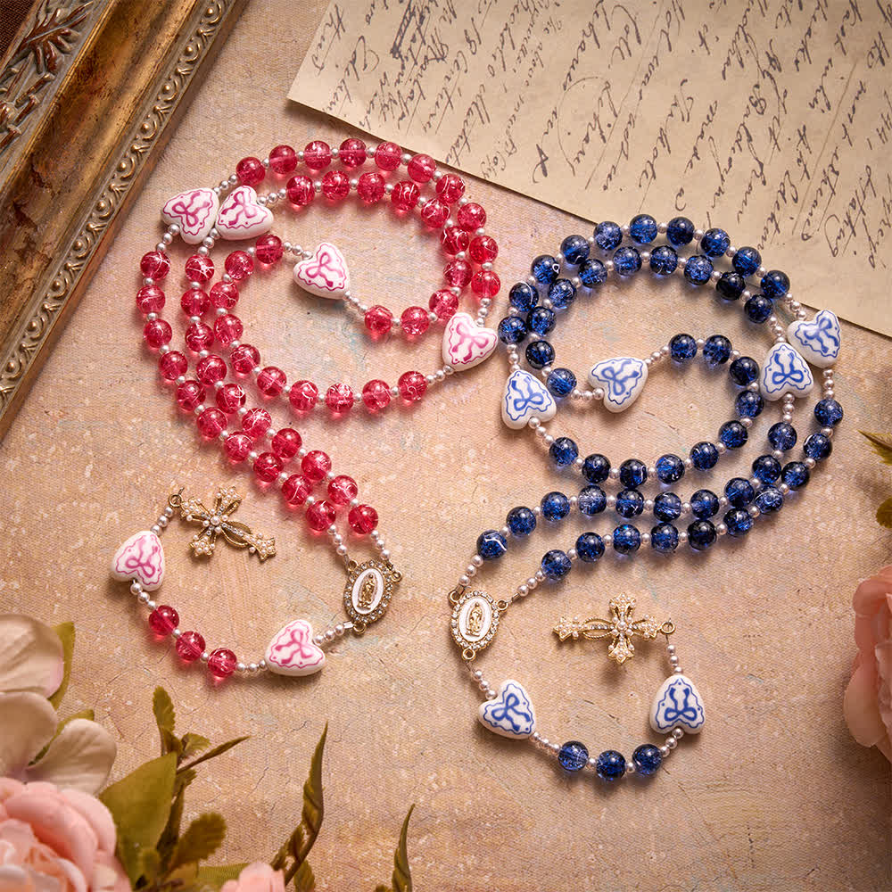 Pink Crackle Glass Rosary With Ceramic Heart Bow Beads & Our Lady Medal