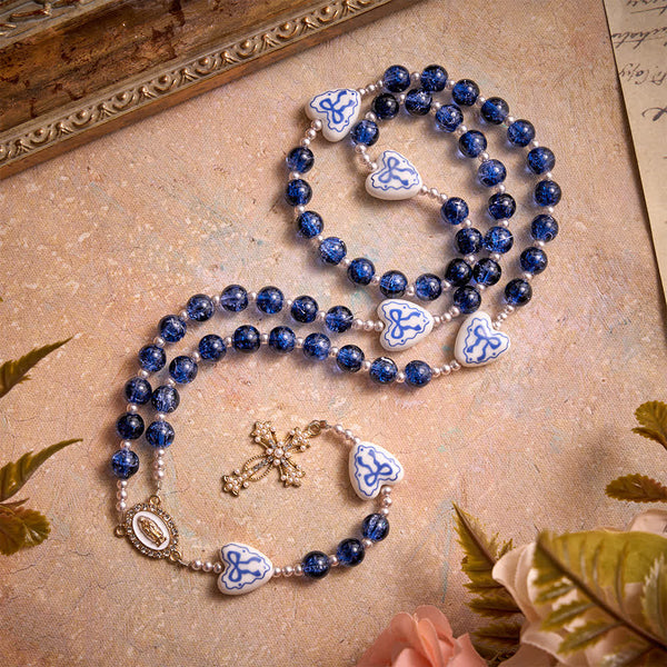 Blue Crackle Glass Rosary With Ceramic Heart Bow Beads & Our Lady Medal