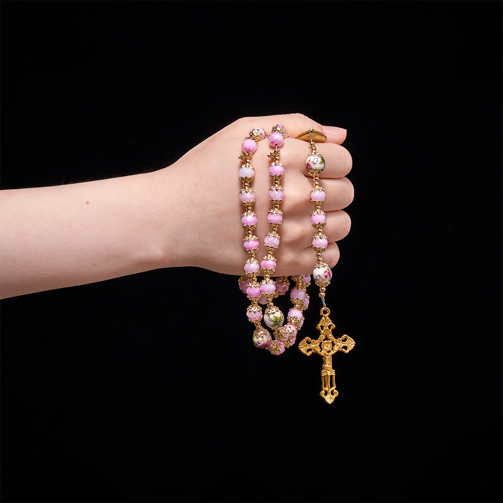 Floral Porcelain Glass Ball Rosary With Our Lady Heart Medal & Ornate Crucifix