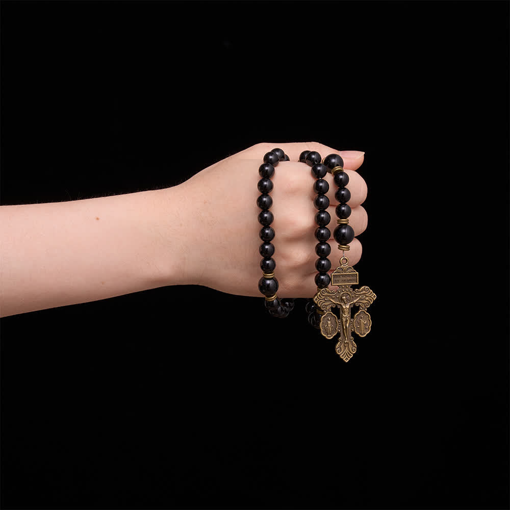 Polished Natural Obsidian St.Benedict Rosary: Emblem of Solid Heavenly Protection