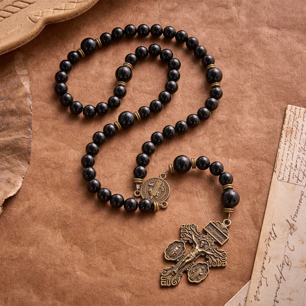 Polished Natural Obsidian St.Benedict Rosary: Emblem of Solid Heavenly Protection