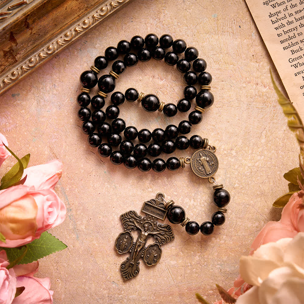 Polished Natural Obsidian St.Benedict Rosary: Emblem of Solid Heavenly Protection