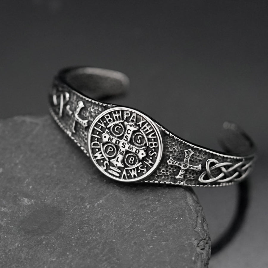 Vintage St. Benedict Medal Open Cuff Bracelet: Emblem of Timeless Heavenly Protection