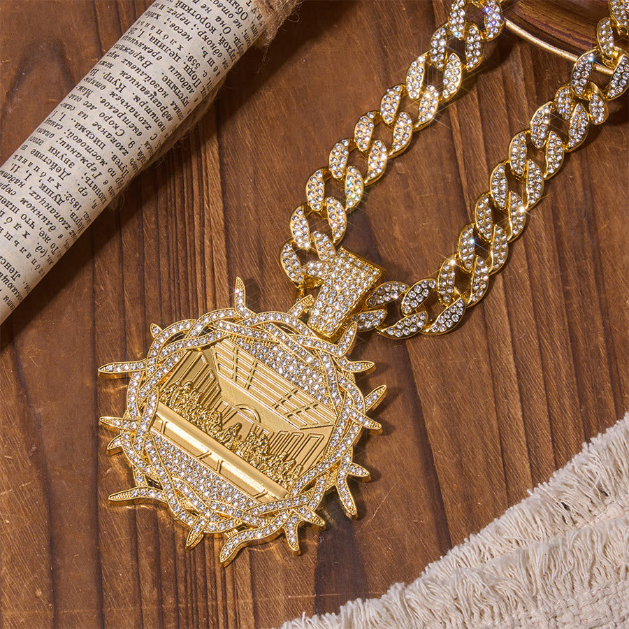 Iced Out Crown Of Thorns Last Supper Pendant Cuban Chain: Emblem of Glorious Heavenly Testament