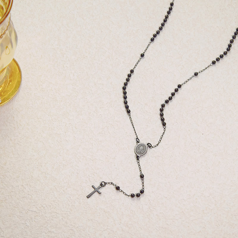 Beaded Layered Chain With Holy Medal & Tiny Cross Pendant: Emblem of Pure Heavenly Devotion