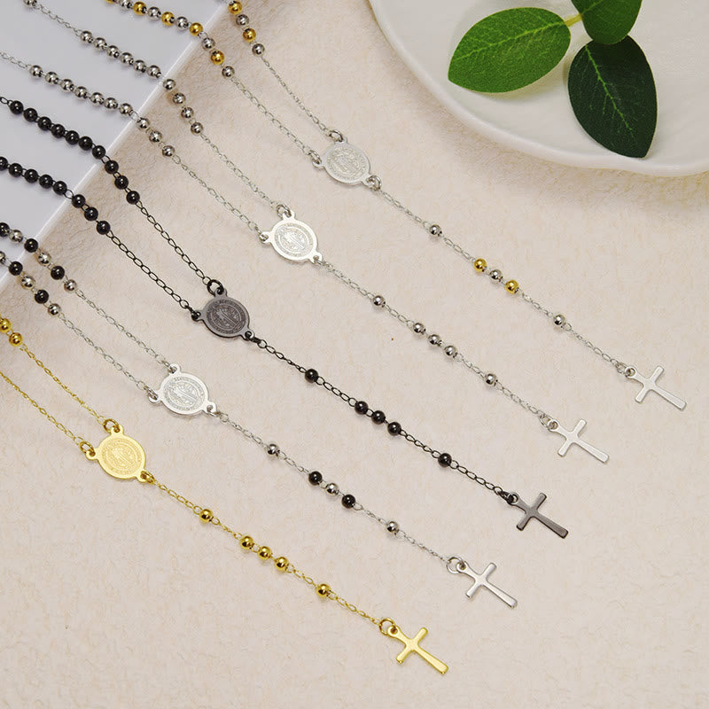Beaded Layered Chain With Holy Medal & Tiny Cross Pendant: Emblem of Pure Heavenly Devotion