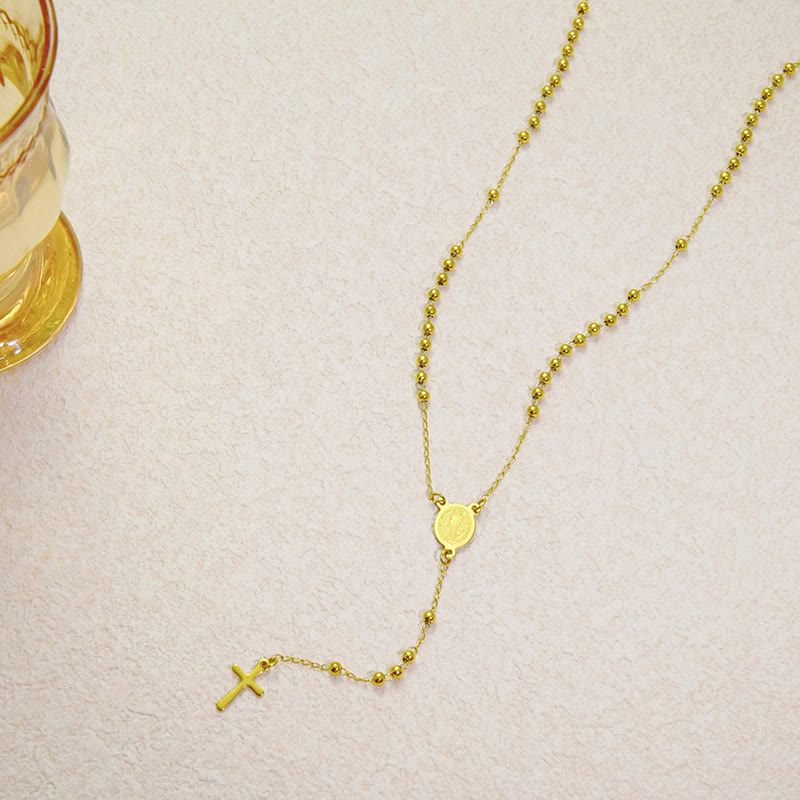 Beaded Layered Chain With Holy Medal & Tiny Cross Pendant: Emblem of Pure Heavenly Devotion