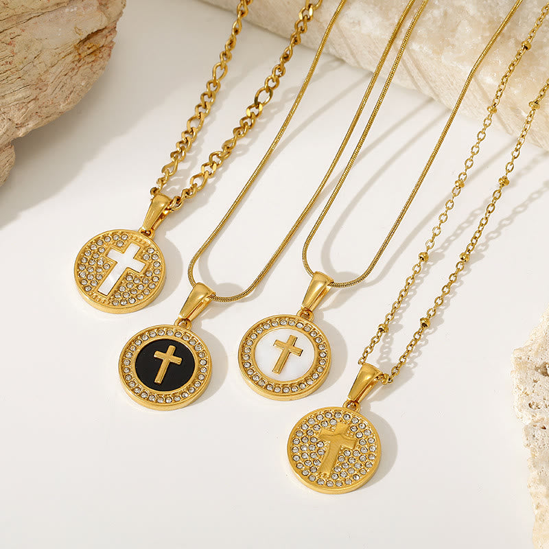 Sparkling Rhinestone‑Encircled Round Cross Medallion Necklace: Emblem of Abiding Heavenly Shelter
