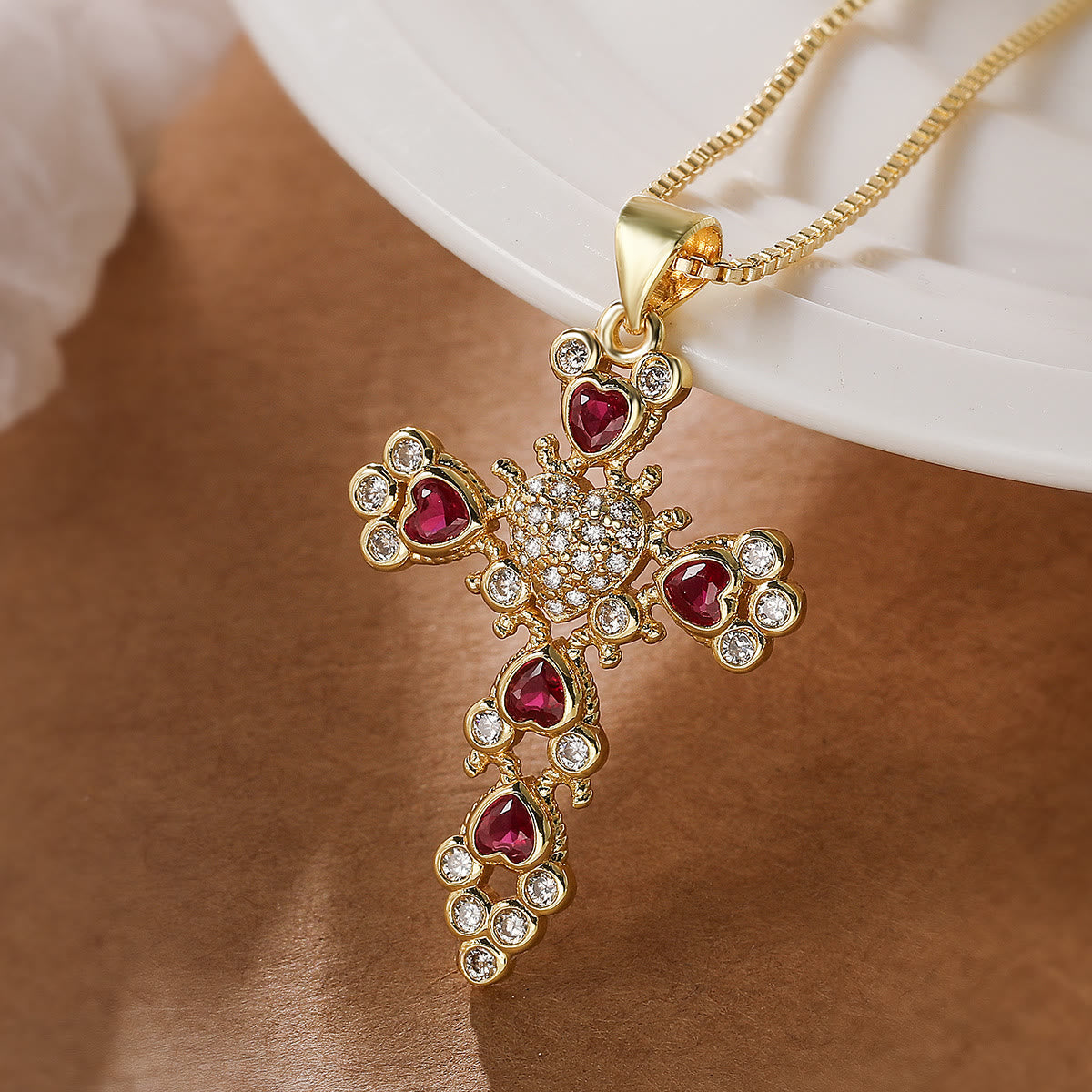 Heart‑Gem Ornate Cross Pendant Necklace: Emblem of Tender Heavenly Devotion