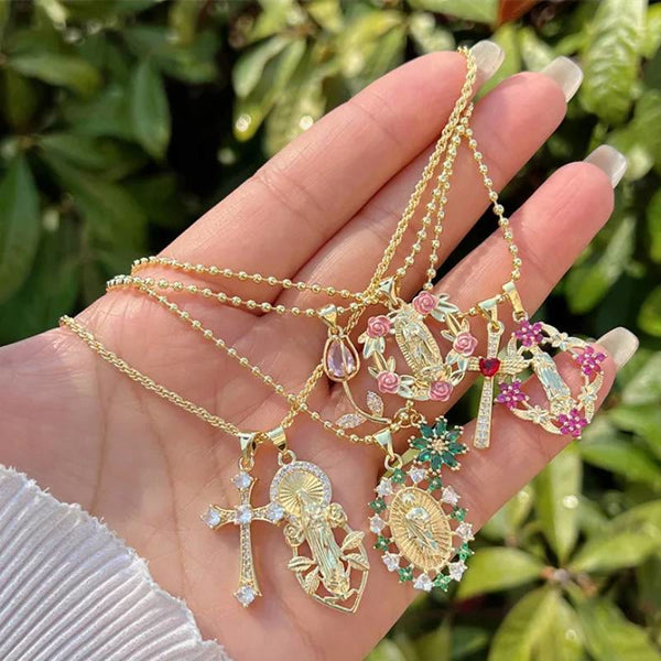 Dual-Pendant Our Lady of Guadalupe Necklace with Floral Medallion: Emblem of Celestial Maternal Grace