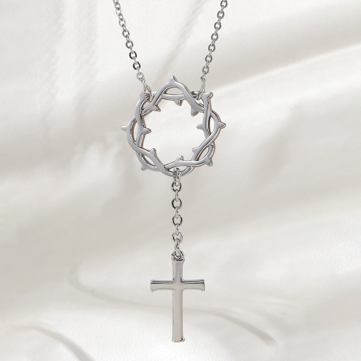 Crown of Thorns Lariat Necklace with Polished Cross: Emblem of Sacred Redemptive Grace