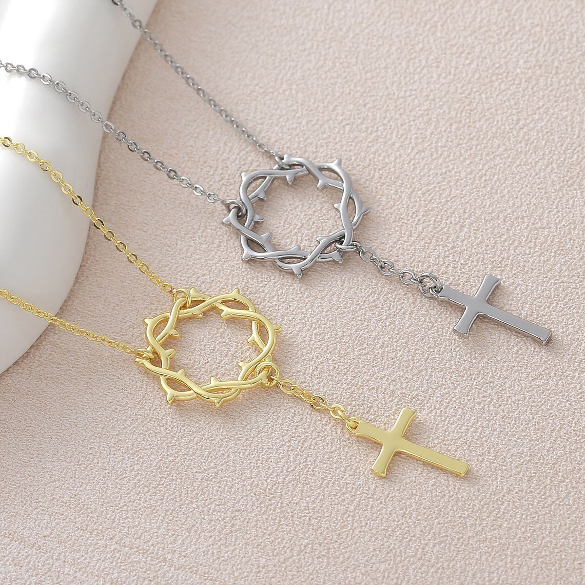 Crown of Thorns Lariat Necklace with Polished Cross: Emblem of Sacred Redemptive Grace