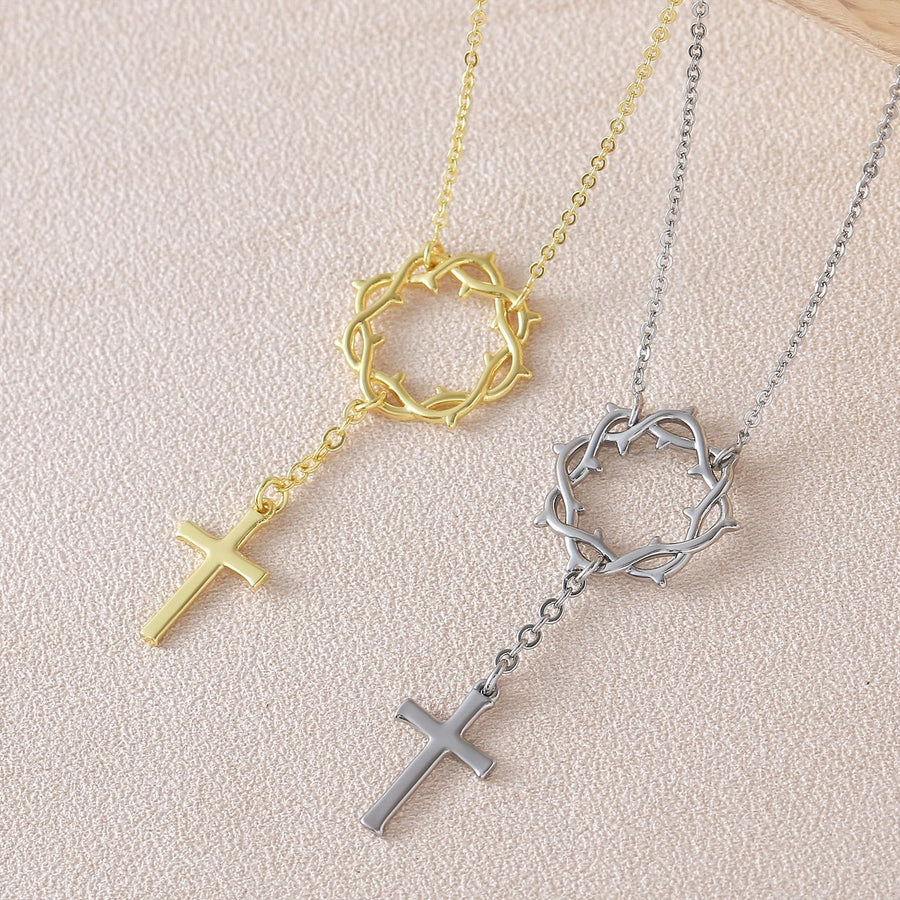 Crown of Thorns Lariat Necklace with Polished Cross: Emblem of Sacred Redemptive Grace