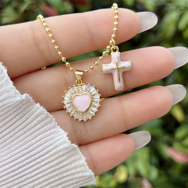 Enamel Heart & Cross Dual Charm Ball Chain Necklace: Emblem of Tender Heavenly Mercy