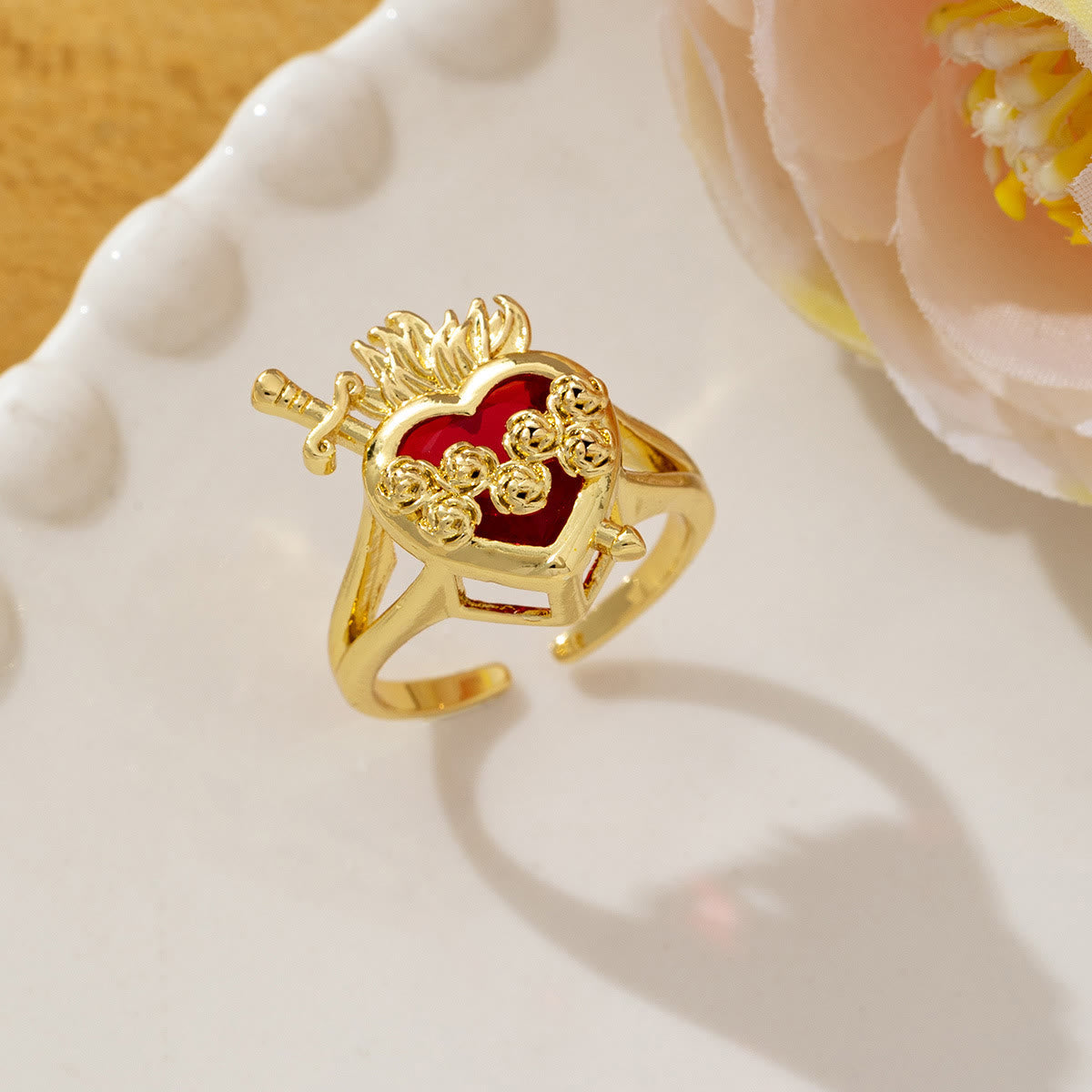 Ornate Sacred Heart Adjustable Open Ring: Emblem of Boundless Heavenly Compassion