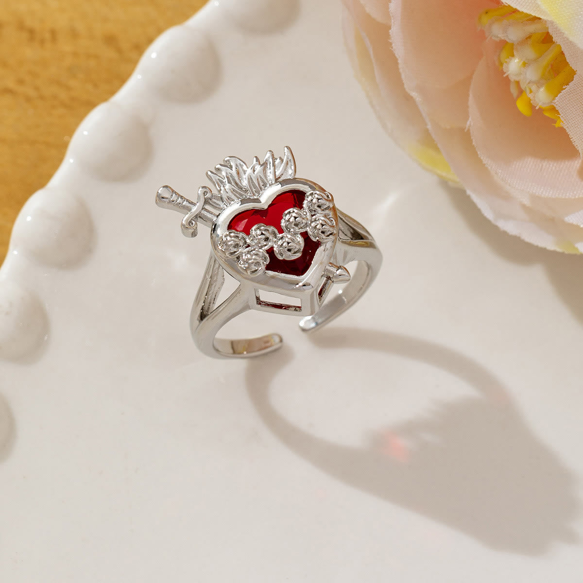 Ornate Sacred Heart Adjustable Open Ring: Emblem of Boundless Heavenly Compassion