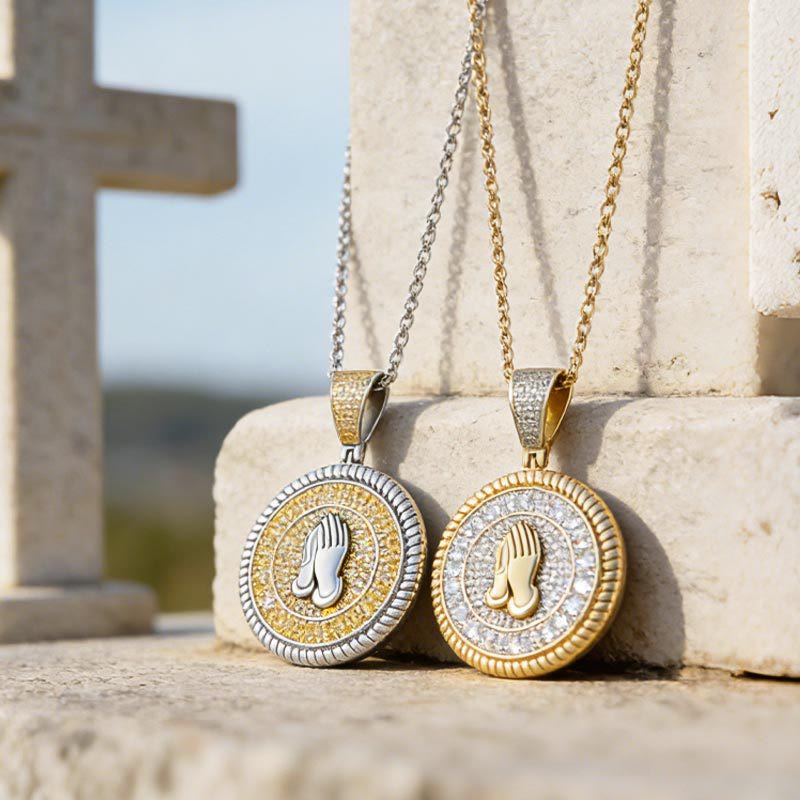 Iced Praying Hands Round Medallion Necklace: Emblem of Sincere Heavenly Supplication