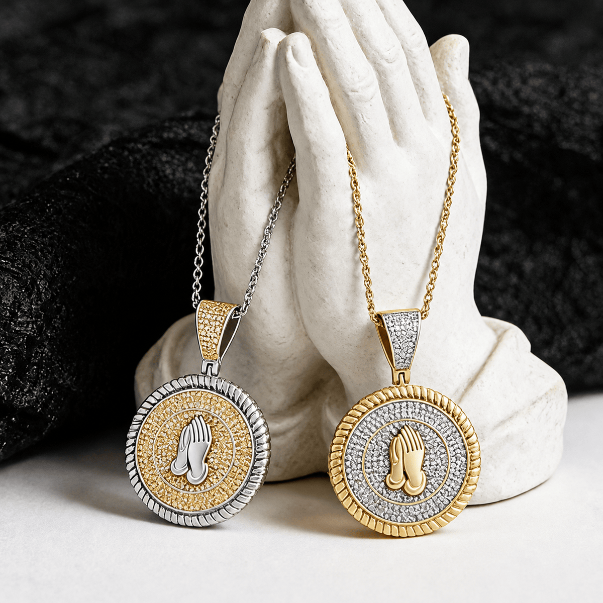 Iced Praying Hands Round Medallion Necklace: Emblem of Sincere Heavenly Supplication