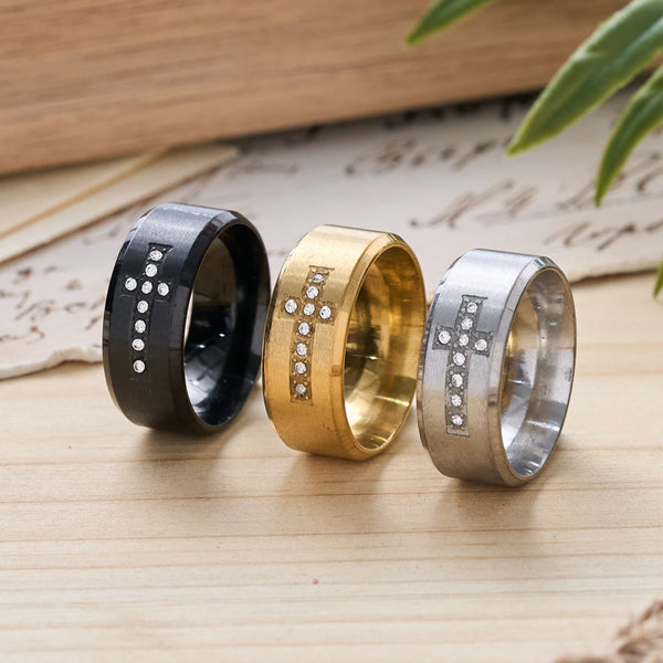 Sleek Wide Band Jeweled Cross Ring: Token of Calming Divine Guidance