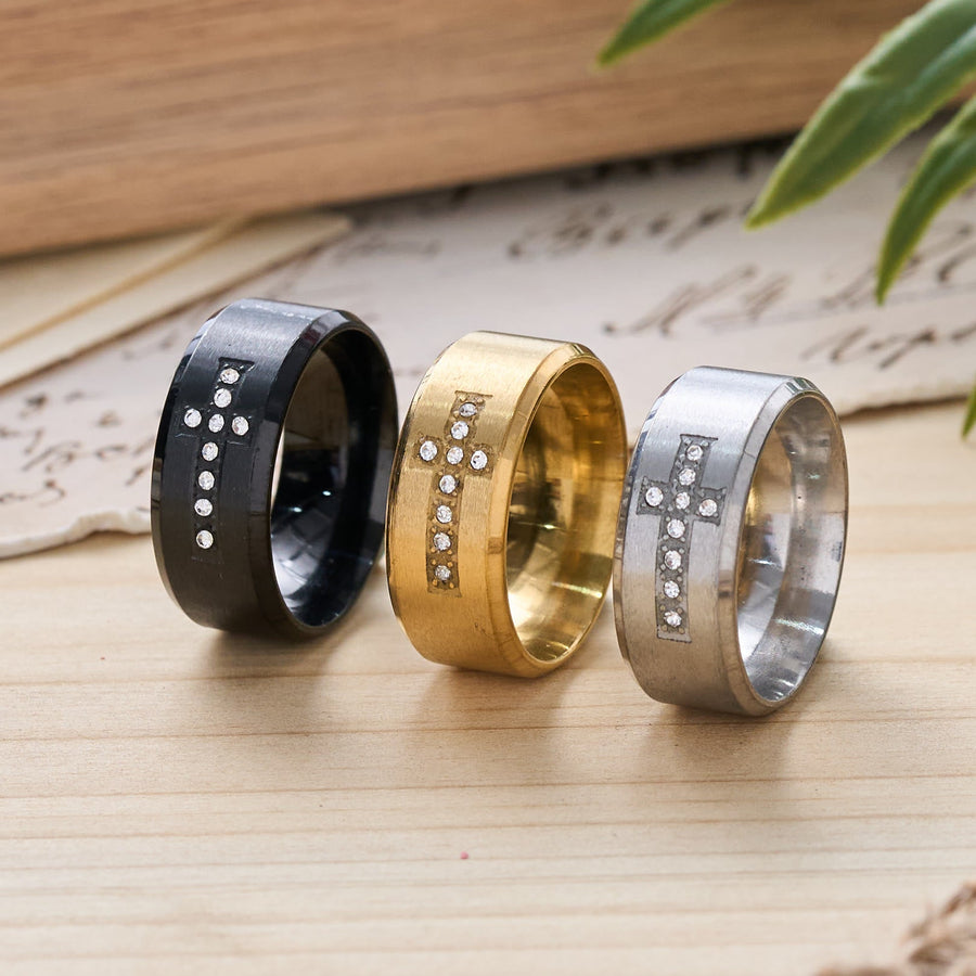 Sleek Wide Band Jeweled Cross Ring: Token of Calming Divine Guidance