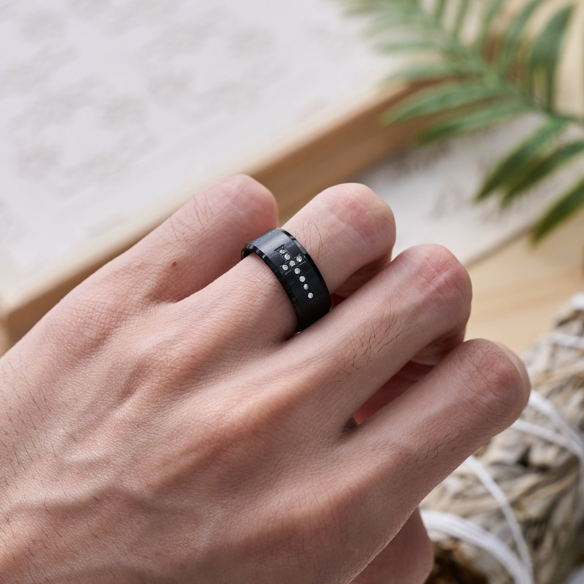 Sleek Wide Band Jeweled Cross Ring: Token of Calming Divine Guidance