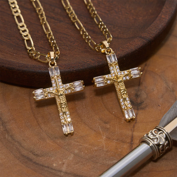 Baguette Crystal Crucifix Figaro Chain Necklace: Emblem of Everlasting Divine Mercy