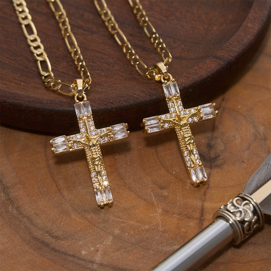 Baguette Crystal Crucifix Figaro Chain Necklace: Emblem of Everlasting Divine Mercy